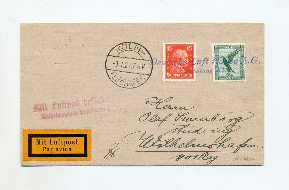 1927 Germany airmail cover blue mark  Dt. Lufthansa A.G. / Flugleitung Köln - Image 1 of 1