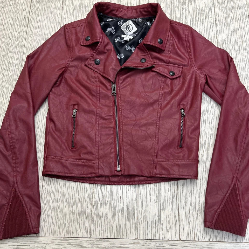 Volcom Motorcycle Jacket Womens Medium Burgundy Faux Leather Moto Biker B131301 - Image 1 of 4