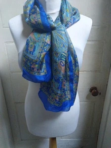 Vintage Long Pure Silk Chiffon Scarf 50x180cm Blue India - Picture 1 of 3