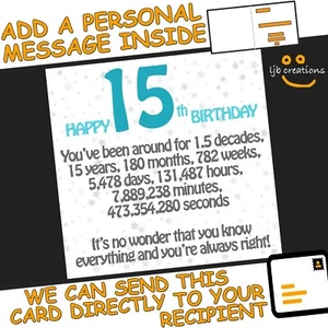 Lustige Karte zum 15. Geburtstag Sohn Neffe Enkel 15 Witze INNEN NACHRICHT HINZUFÜGEN - Bild 1 von 7