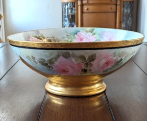 Huge Limoges Hand Painted Pink Roses Gold Gilt Center or Punch Bowl 14.25" - Picture 1 of 19