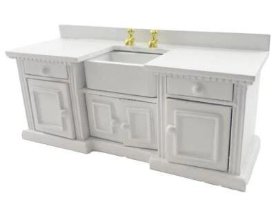 Dolls House Sink Unit with Belfast Sink White Wood Miniature Kitchen Furniture - Image 1 of 4