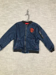 True Religion Bomber Jacket Boys 5 Blue Manchester United Logo Denim Full Zip - Picture 1 of 19