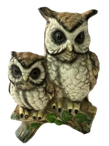 Vintage Porcelain Owls Figurine Owls Sitting On A Log W/Green Leaves Japan EUC - Picture 1 of 9