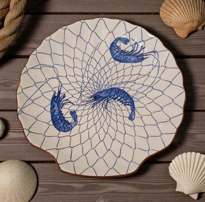 Vintage Shrimp Seafood Serving Bowl Platter 12" x 12" Blue & White Scallop Shape - Picture 1 of 12