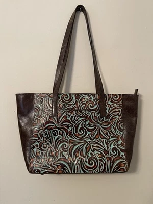 Patricia Nash Brown Tooled Leather Tote Shoulder Bag Turquoise Poppy - Image 1 of 4