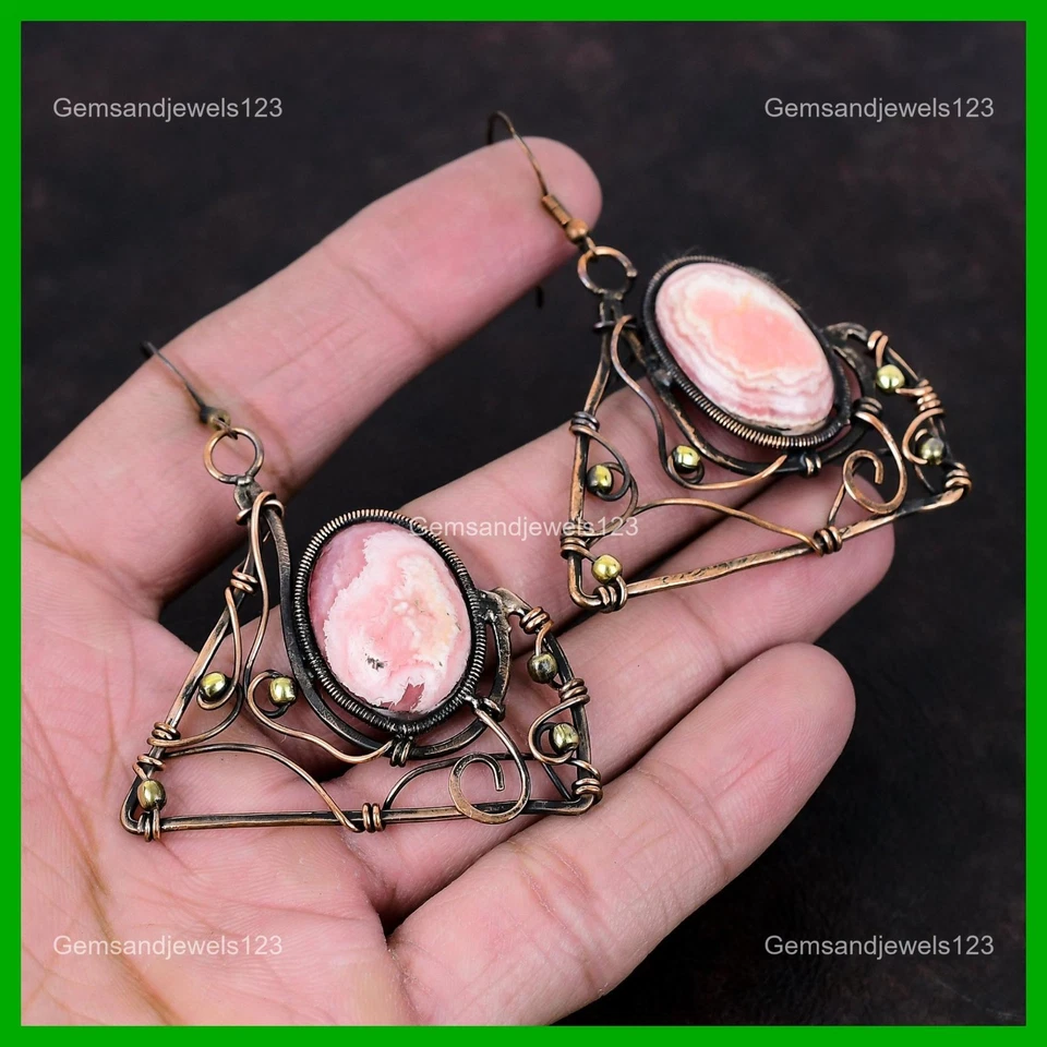 Copper Rhodochrosite Gemstone Wedding Drop Wire Wrapped Artisan Earrings Jewelry - Image 1 of 4