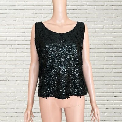 Vintage 50s 60s Wool Sequin Top - Black Beaded Fringe Sleeveless Tank - Image 1 of 4