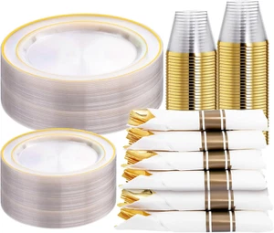 210PCS Clear-Gold Plastic Plates - Dinnerware Sets for 30 Guests - 60 Disposable - Picture 1 of 12