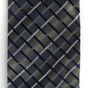 Aldo Mens Necktie Shiny Green Blue Gray White Windowpane Plaid Pattern 57" x 4" - Picture 1 of 3
