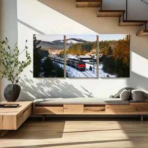 3pcs Snowy Landscape with Steam Train Wall Art Canvas Unframed/Framed - Imagen 1 de 9
