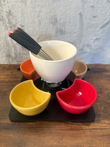 Pier One Imports Vintage Stoneware Fondue Set  Bowl Stand Forks & Tray Multicolo - Picture 1 of 10