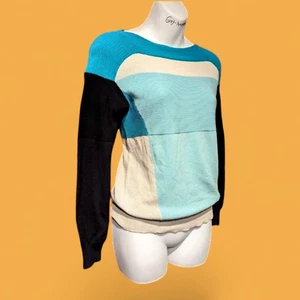OHNE TITEL fitted ribbed colorblock ski sweater knit teal black ivory top XS 4D - Picture 1 of 5