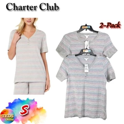 Nuevo con etiquetas Paquete de 2 pijamas Charter Club para mujer S algodón rayas grises 100034484 Foto 1 de 4