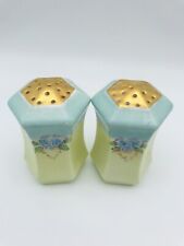 Vintage Prussia Floral Painted Salt & Pepper Shakers Porcelain Yellow Blue Gold