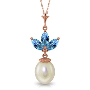 4.75 Carat 14K Solid Rose Gold Gemstone Necklace Pearl Blue Topaz 14"-24"  - Picture 1 of 4