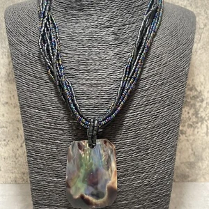 RETRO Abalone Pendant Beaded Necklace Chunky Boho Statement Kitsch Beach Black - Picture 1 of 8