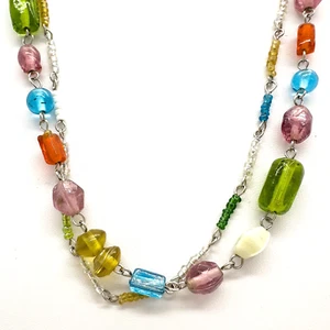 Multicolor Glass Bead Two Layer Necklace Art Glass Unbranded Silver Tone 34" - Picture 1 of 12