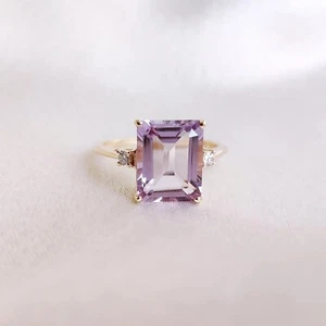 Emerald Cut Amethyst Ring With Moissanite 18k Yellow Gold Vermeil Feb Birthstone - Picture 1 of 9