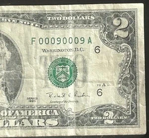 (TRUE FLIPPER BINARY QUAD REPEATER!) $2 Rare Fancy Serial Number F00090009A 1995 - Picture 1 of 5