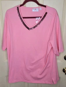 Quacker Factory V-Neck Sequin Embellished Top Size 1X Pink Short Sleeve Womens - Picture 1 of 5