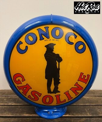 CONOCO MINUTEMAN GASOLINE Reproduction 13.5" Gas Pump Globe - (Blue Body) - Image 1 of 3
