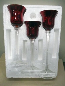 Slightly Used Set of 3 Crackle Glass Tealight Holders Red w/Hearts 10"h,warranty - Picture 1 of 5