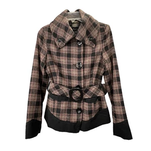 Vintage Joujou Royale Plaid Coat Jacket S Black Tan Belted Cowl Neck Wool Blend - Picture 1 of 5