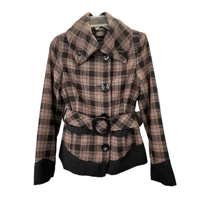 Chaqueta Abrigo Vintage Joujou Royale a Cuadros S Negro Tostado Cinturón Capucha Cuello Mezcla de Lana Foto 1 de 4