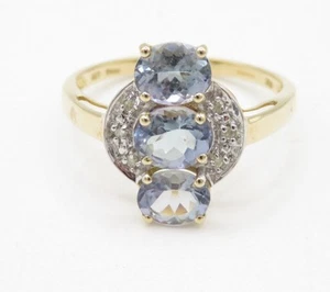 9CT Yellow GOLD Tanzanite Diamond shoulders Ring Hallmarked 3 stone Size P1/2 - Picture 1 of 5