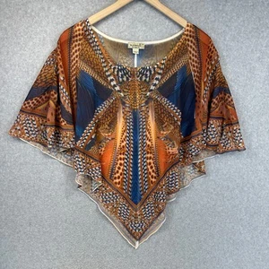 One World Top Womens Size M Multi Printed Polyester Sheer Poncho Pointed Hem - Picture 1 of 6