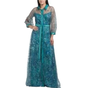 RENE RUIZ COLLECTION Aqua Three-quarter Sleeve Sequin Shirt Gown Maxi Dress NEW - Picture 1 of 14