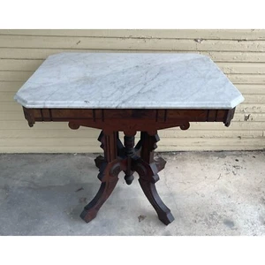 Antique Eastlake Victorian Walnut Marble Top Table C1870s - Picture 1 of 10