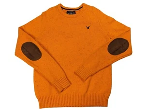 American Eagle Athletic Fit Sweater Men Medium Elbow Patches Orange Flecked Knit - Picture 1 of 8