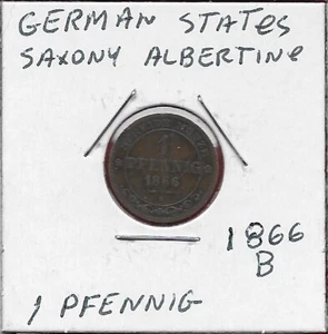 GERMAN STATES SAXONY-ALBERTINE 1 PFENNIG 1866-B RULERJOHANN,CROWNED ARMS WITHIN  - Picture 1 of 2