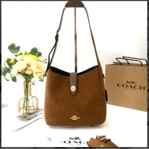 Coach CW004 Hadley Convertible Crossbody Bag Suede Leather Brown Outlet New - Picture 1 of 15