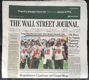 TOM BRADY MVP BUCCANEERS SUPER BOWL LV CHAMPS 2/8/21 WALL ST JOURNAL NEWSPAPER - Picture 1 of 2
