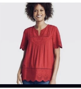 Knox Rose Embroidered Soft Red Short Sleeve Peasant Boho Tunic Top SZ M Floral - Picture 1 of 5