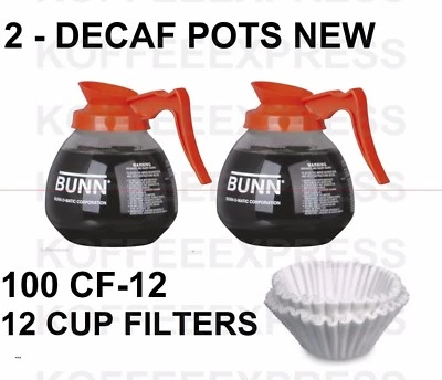 BUNN Coffee pots 2 decaf 12 cup 64oz glass 42401.0103 & 100 FREE CF12 FILTERS