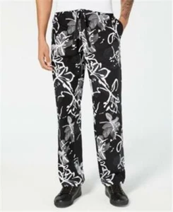 INC Mens Black White Floral Print Linen Blend Drawstring Pants 34 30 - Picture 1 of 1
