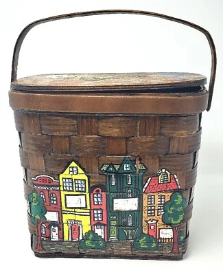 Cartera canasta de mimbre tejida pintada a mano vintage Caro-Nan Village años 60 Foto 1 de 4