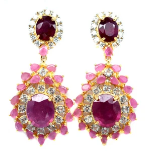 Heated Gemstone 11 x 13 mm. Red Ruby & White Zircon Earrings 925 Silver - Picture 1 of 4