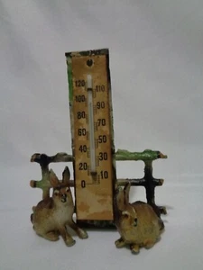 Rare PreWar Germany Cold Painted Lead Bunny Rabbits Figural Thermometer - Picture 1 of 12