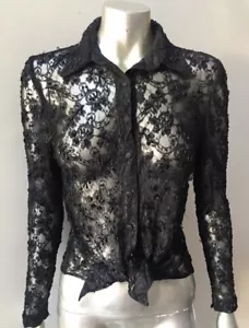 Top de manga larga retro negro con cuentas de encaje transparente adornado S 4 - Imagen 1 de 5