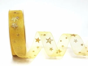 25mm x 2m Gold Glitter Star Print on Gold sheer Organza. - Picture 1 of 1