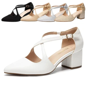 Women Low Chunky Heel Close Pointed Toe Comfort Wedding Party Pump Dress Shoes - Picture 1 of 43