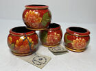 VTG April Cornell Napkin Rings Hand Painted Wood RED yellow Flowers, Set of 4