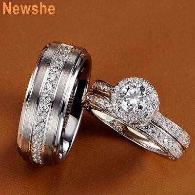 Newshe 2 piezas Juegos de anillos de pareja para él y ella Anillo de plata para mujer Tungsteno circonita cúbica para hombre Foto 1 de 4