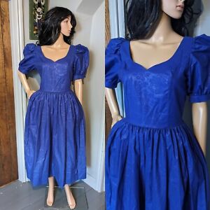 Vintage Laura Ashley Jacquard Cotton Floral Indigo Tea Gown Dress 10 38