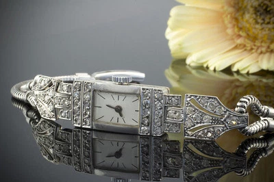 Art Deco Armbanduhr Damen Uhr mit Diamanten in Platin & 585er Weißgold Schmuck - Bild 1 von 4